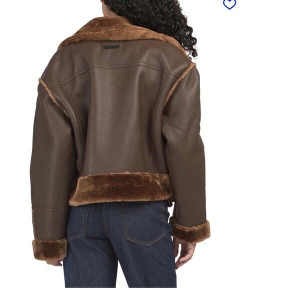 NEW HUDSON Cropped Faux Leather And Shearling Aviator Jacket in brown 1025 4m2 - Picture 2 of 6